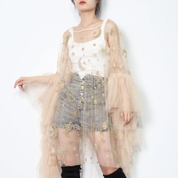 Glow Lux Appliqué Tulle Tunic Dress W/Butterfly Sleeves In Gold - Picture 2 of 6